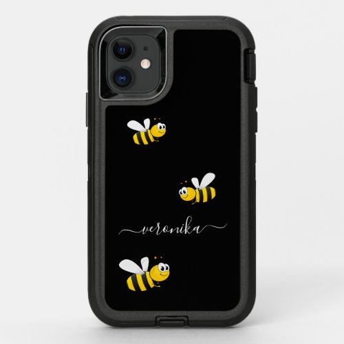 Monogram summer bees yellow black happy OtterBox defender iPhone 11 case