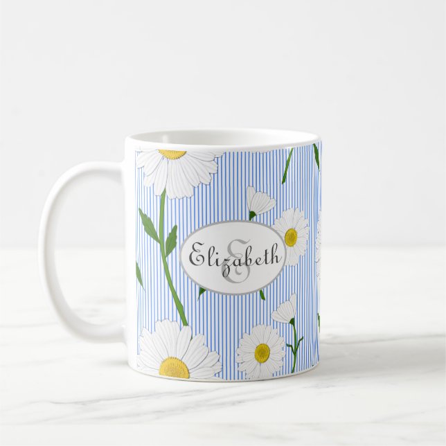 Monogram Summer Daisies Pattern Light Blue Stripe Coffee Mug (Left)