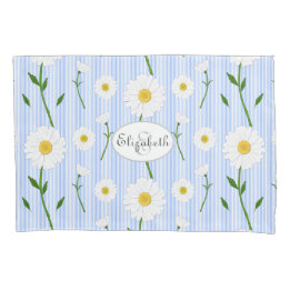 Monogram Summer Daisies Pattern Light Blue Stripe  Pillow Case