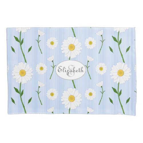 Monogram Summer Daisies Pattern Light Blue Stripe  Pillow Case