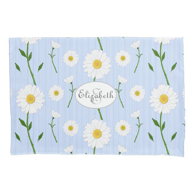 Monogram Summer Daisies Pattern Light Blue Stripe  Pillow Case (Front)
