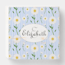 Monogram Summer Daisies Pattern Light Blue Stripe Wooden Box Sign