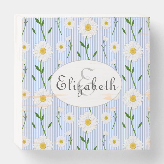 Monogram Summer Daisies Pattern Light Blue Stripe Wooden Box Sign (Front Horizontal)
