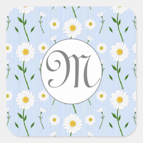 Monogram Summer Daisy floral Pattern Blue Stripe Square Sticker