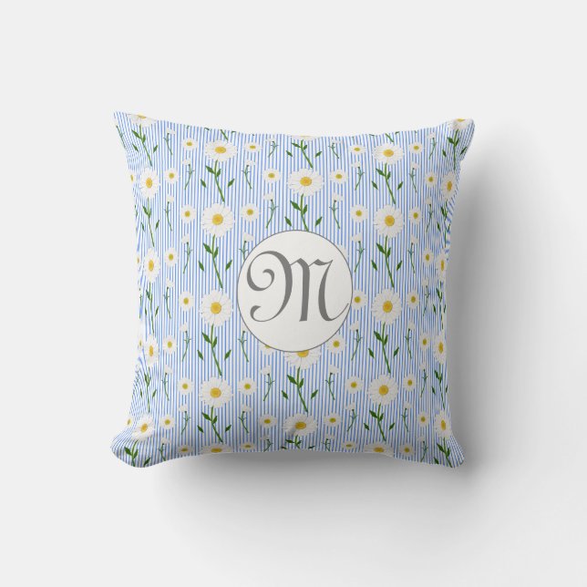 Monogram Summer Daisy Floral Pattern Blue Stripe Throw Pillow (Front)