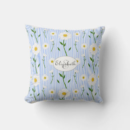 Monogram Summer Daisy Flower Pattern Blue Stripe  Throw Pillow