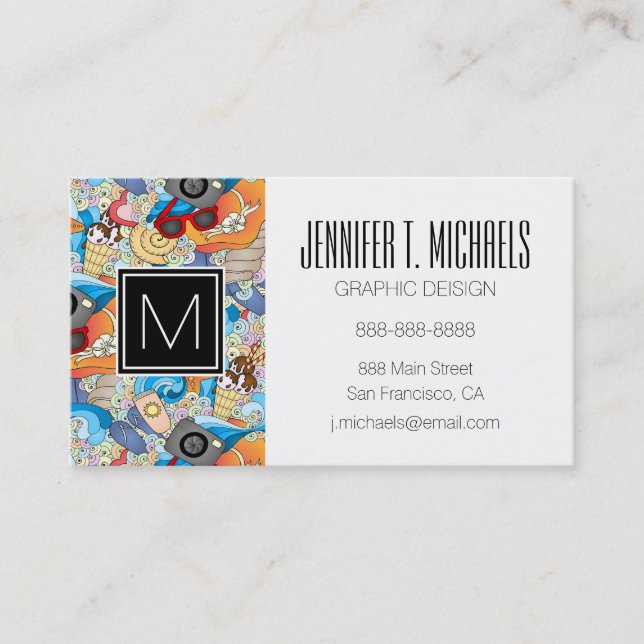 Monogram Summer Fun Pattern Business Card (Front)