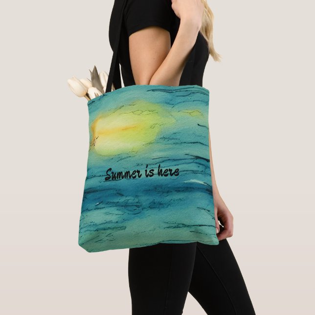 Monogram summer is here sunset Blue painting Tote Bag (Close Up)