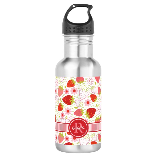 Monogram Summer Strawberry Fruit Pattern Stainless Steel Water Bottle (Front)