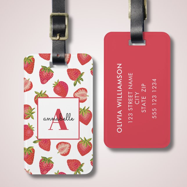 Monogram Summer Strawberry Personalized Luggage Tag (Strawberry monogram luggage tag. Add your own address and contact details, monogram and first name. )
