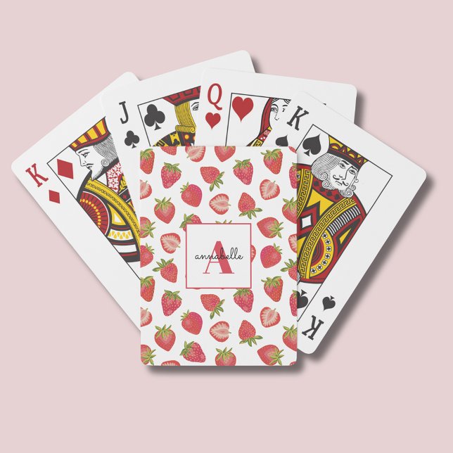 Monogram Summer Strawberry Personalized Poker Cards (Personalised strawberry playing cards.)
