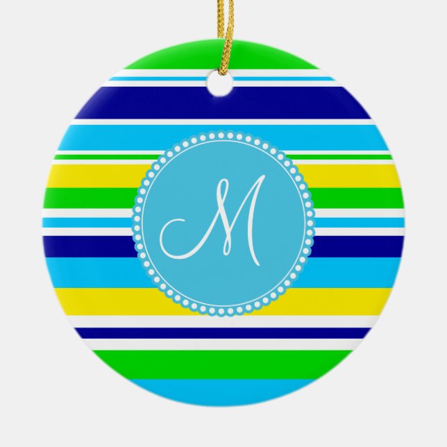 Monogram Summer Striped Teal Green Yellow Blue Ceramic Ornament (Front)