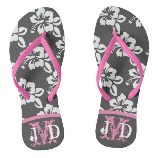 Monogram Summer Tropical Hibiscus Gray and White