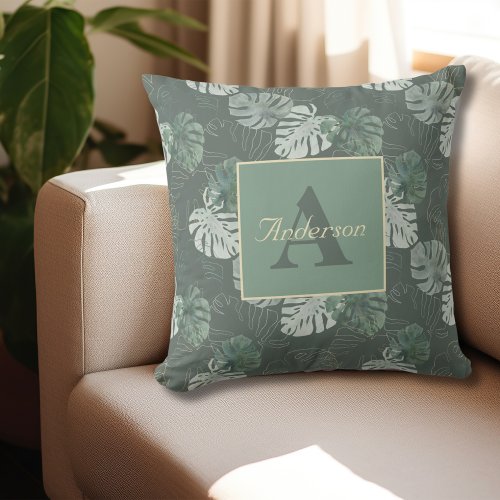 Monogram Summer Tropical Palm Leaves Watercolor  Outdoor Pillow