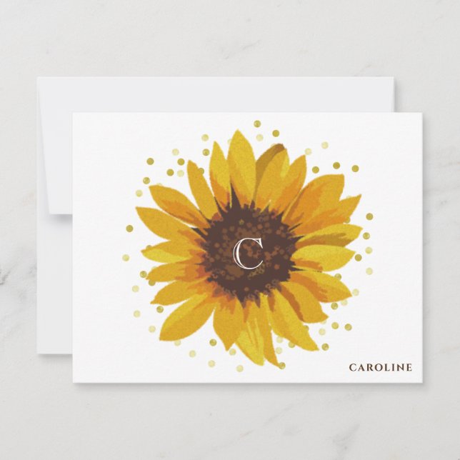 Monogram Sunflower Boho Floral Personalized Note Card (Front)