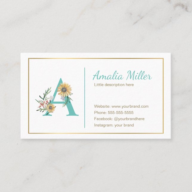 Monogram sunflower business card teal gold (Front)