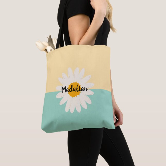 Monogram sunflower cute color block blue Beige Tote Bag (Close Up)