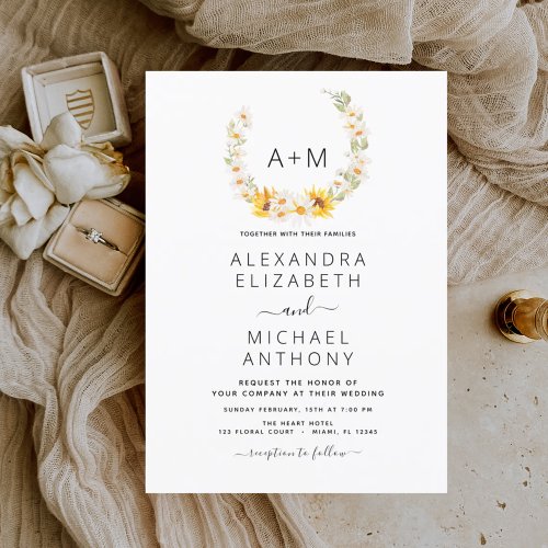 Monogram Sunflower Daisy Greenery Wedding Invitation