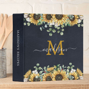 Monogram Sunflower Eucalyptus Black Floral Recipe  3 Ring Binder