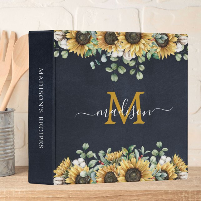 Monogram Sunflower Eucalyptus Black Floral Recipe  3 Ring Binder (In situ)
