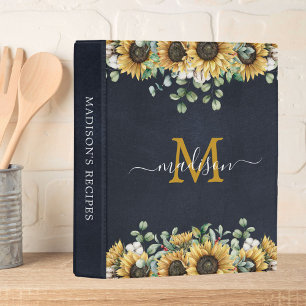 Monogram Sunflower Eucalyptus Black Floral Recipe  Mini Binder