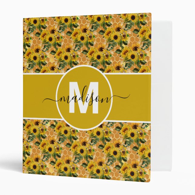 Monogram Sunflower Gold Bee Honeycomb 3 Ring Binder (Front/Inside)
