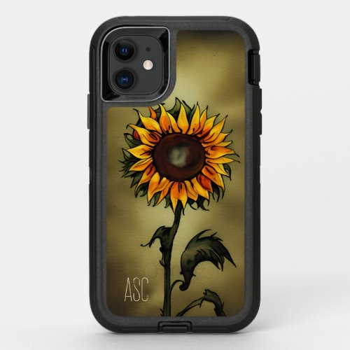 Monogram  Sunflower Love  Watercolor Sunflower OtterBox Defender iPhone 11 Case