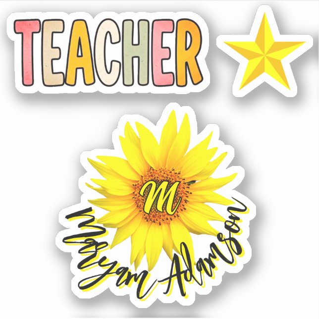 Monogram Sunflower + Name | Teacher Appreciation Sticker (Front)