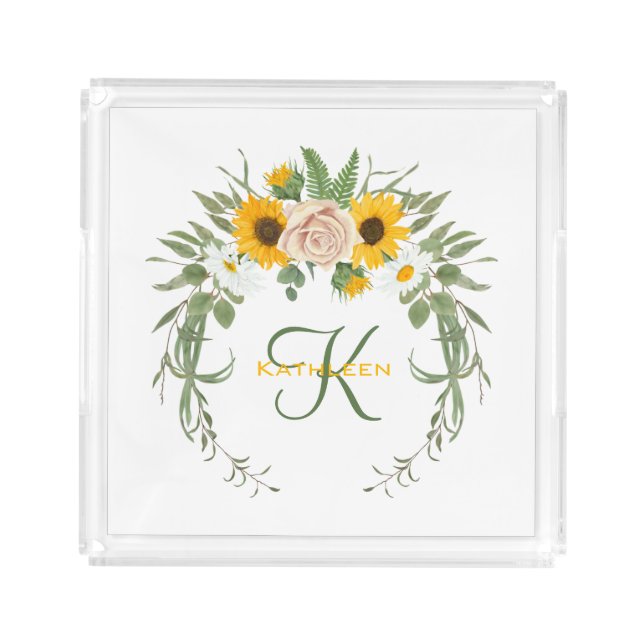Monogram Sunflower Roses Greenery Floral Botanical Acrylic Tray (Front)