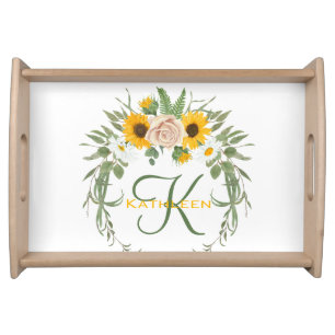 Monogram Sunflower Roses Greenery Floral Botanical Serving Tray
