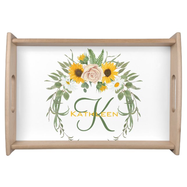 Monogram Sunflower Roses Greenery Floral Botanical Serving Tray (Front)