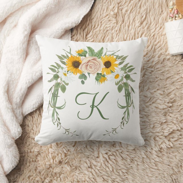 Monogram Sunflower Roses Greenery Floral Botanical Throw Pillow (Blanket)