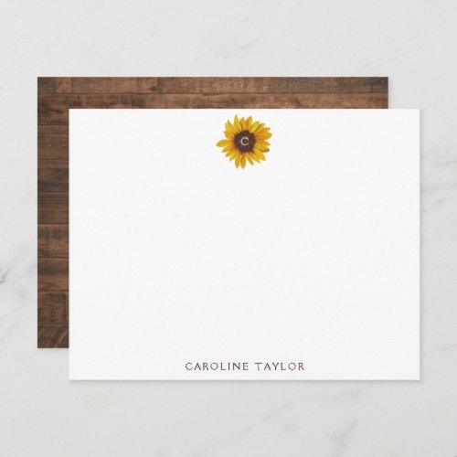 Monogram Sunflower Rustic Dark Wood Personalized Note Card