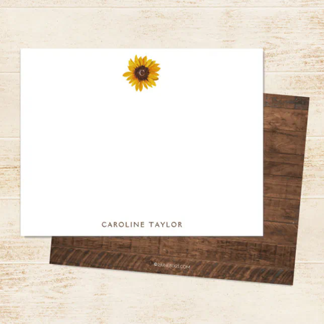 Monogram Sunflower Rustic Dark Wood Personalized Note Card | Zazzle