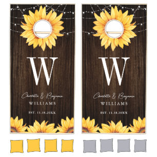 Monogram Sunflower Rustic Wood Floral Wedding Cornhole Set