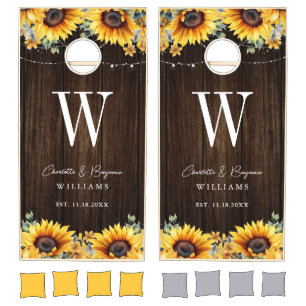 Monogram Sunflower Rustic Wood Wedding Cornhole Set