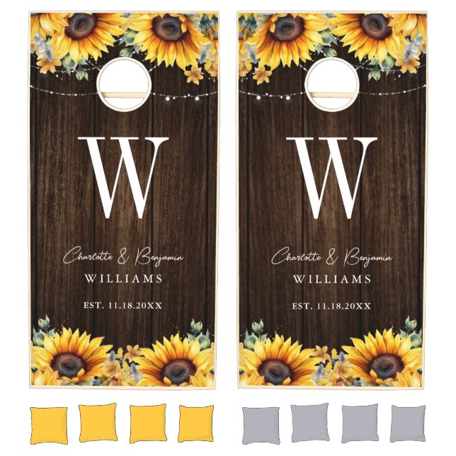 Monogram Sunflower Rustic Wood Wedding Cornhole Set (Set)