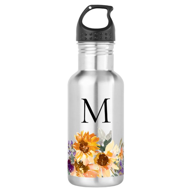Monogram Sunflower Watercolor Floral  Stainless Steel Water Bottle (Front)