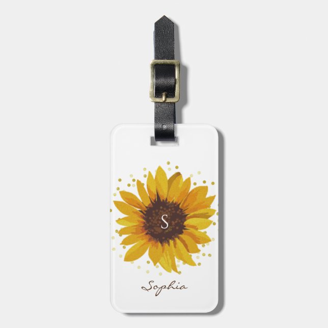 Monogram Sunflower with Gold Foil Dots Luggage Tag (Front Vertical)