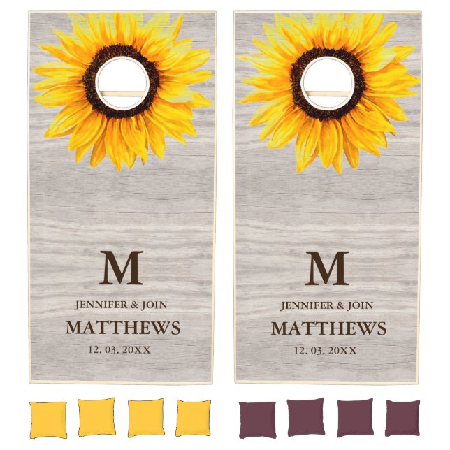 Monogram Sunflower Wood Boards Rustic Wedding Corn Cornhole Set (Set)