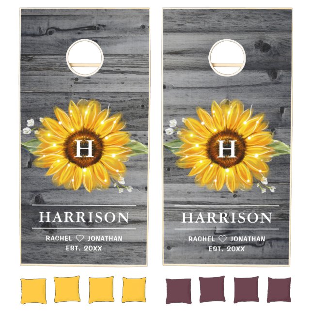 Monogram Sunflower Wood Boards Rustic Wedding Cornhole Set (Set)