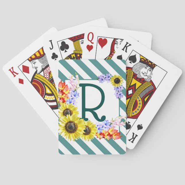 Monogram Sunflowers Diagonal Teal Stripes Poker Cards (Back)