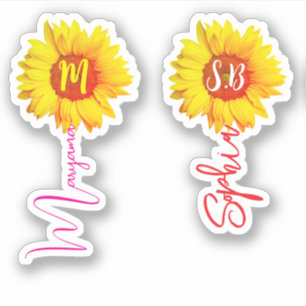 (Monogram Sunflowers for Girls) Handwritten Name Sticker