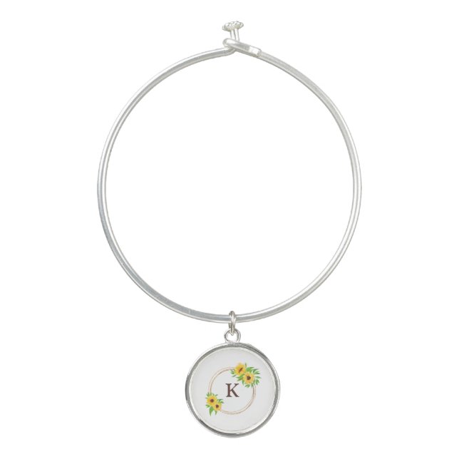 Monogram Sunflowers Gold Frame Green Leaves Rustic Bangle Bracelet (Front)