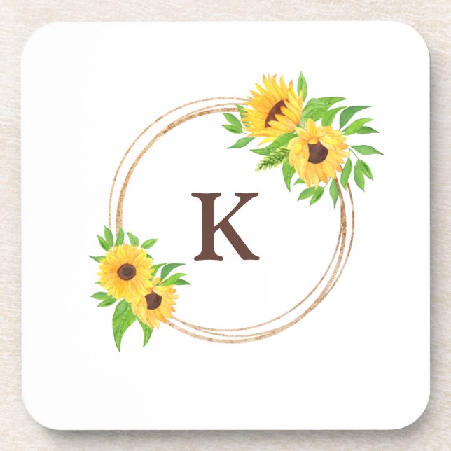 Monogram Sunflowers Gold Frame Green Leaves Rustic Beverage Coaster (Front)