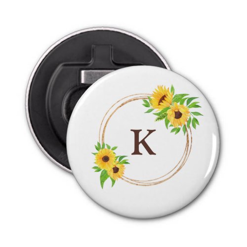 Monogram Sunflowers Gold Frame Green Leaves Rustic Bottle Opener