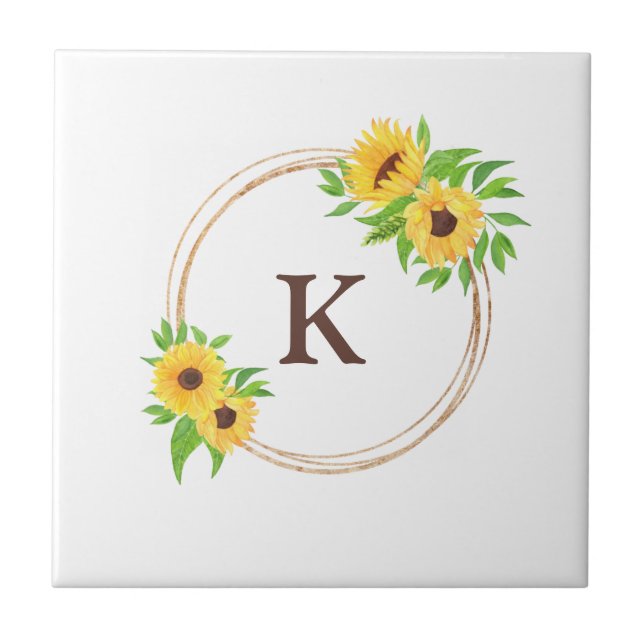 Monogram Sunflowers Gold Frame Green Leaves Rustic Ceramic Tile (Front)