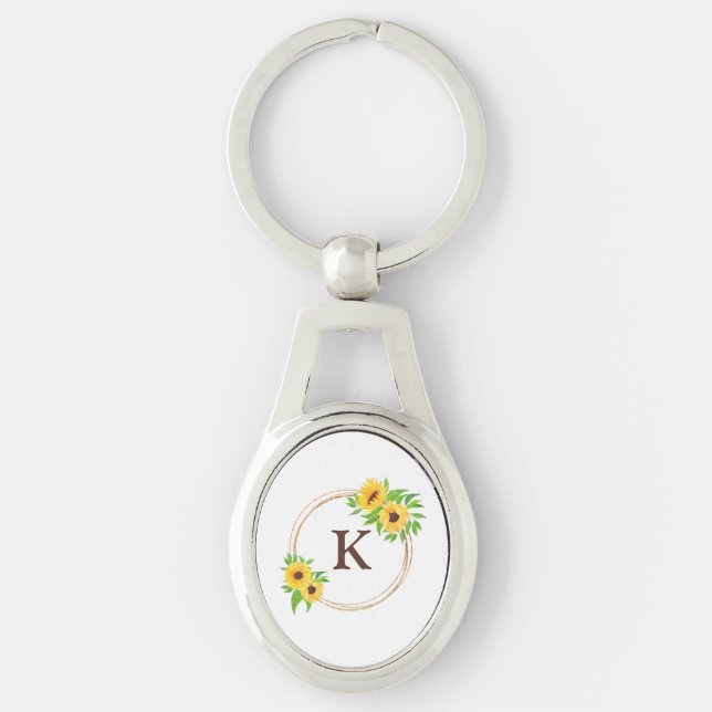 Monogram Sunflowers Gold Frame Green Leaves Rustic Keychain (Front)