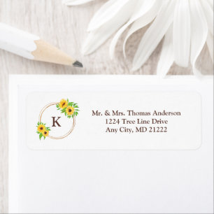 Monogram Sunflowers Gold Frame Green Leaves Rustic Label