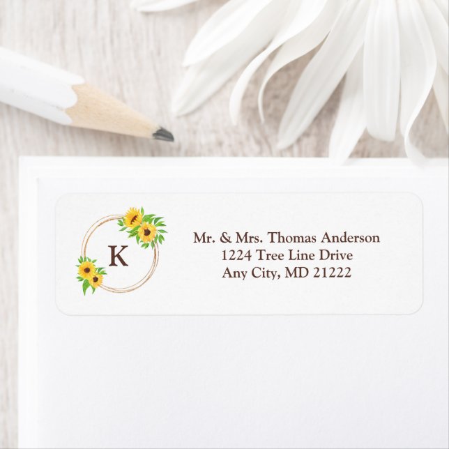 Monogram Sunflowers Gold Frame Green Leaves Rustic Label (Insitu)